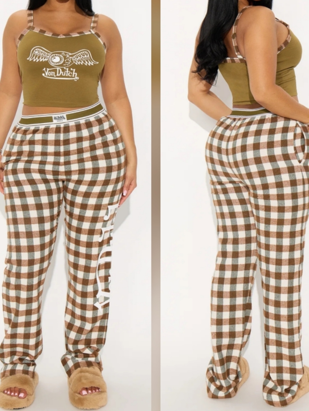 Von Dutch Olive Tank with Brown & White Plaid Joggers
